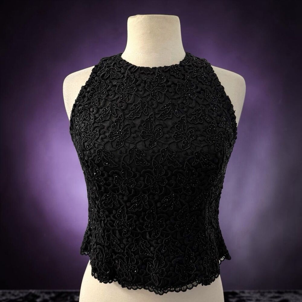 VTG Whimsigoth Carmen Marc Valvo Beaded Black Lace Halter Evening Top Blouse 8